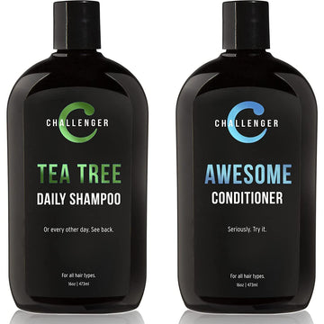 Challenger Men’s Tea Tree Shampoo & Conditioner Combo, 2x 16  Bottles | Sulfate Free w/Vitamins, Argan Oil, Biotin | Keratin, Vitamin C & D, Protein, Artificial Color & Gluten Free | Gentle Clean