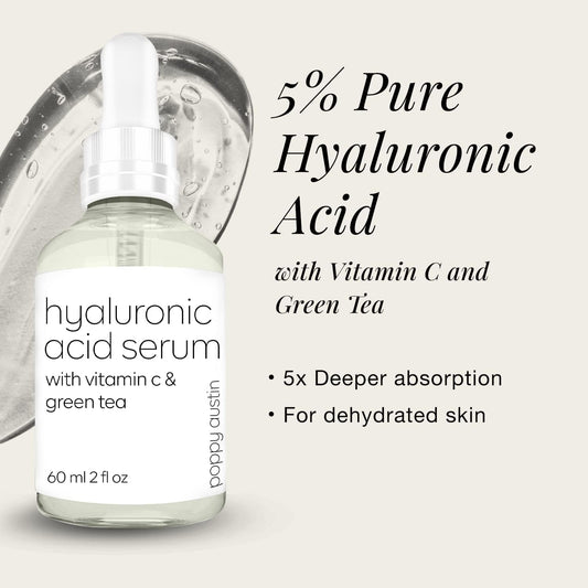 Poppy Austin 60 Face Serum- Pure Hyaluronic Acid Serum for Face- Cruelty-Free Hydrating Serum with Vitamin C- Anti Wrinkle & Anti Aging Serum Moisturiser, Reduces Dry Skin, Fine Lines & Wrinkles