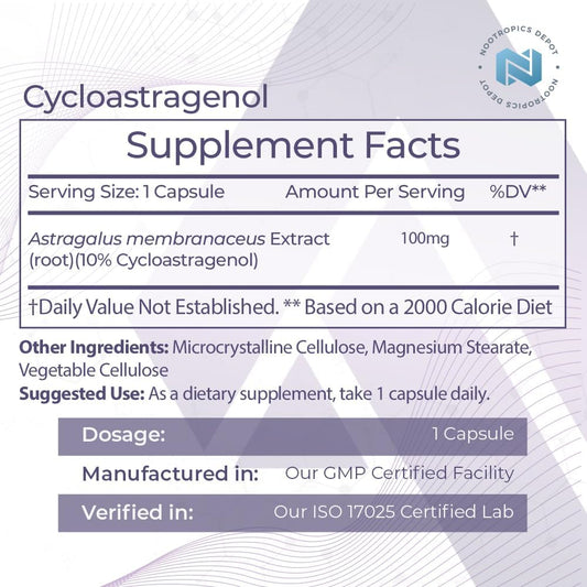 Nootropics Depot Cycloastragenol 10% Capsules | 100mg | 30 Count | Ast