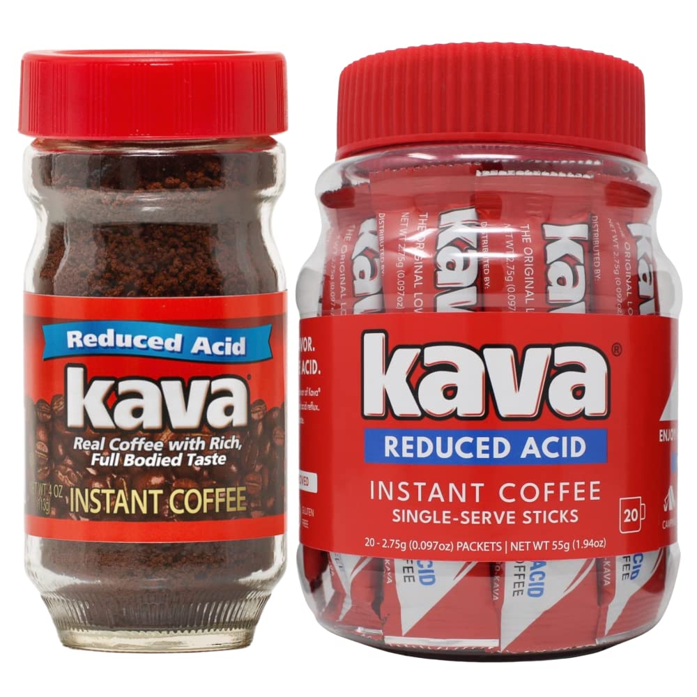 Kava Low Acid Instant Coffee Bundle Gift Set, Glass Jar & 20 Single Serve Stick Packets for On-The-Go & Travel