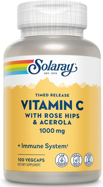 SOLARAY Vitamin C 1000mg Timed Release Capsules with Rose Hips & Acerola Bioavonoids, Two-Stage for High Absorption & All Day Immune Function Support, 60 Day Guarantee, 100 Servings, 100 VegCaps
