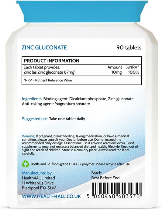 Health4All Zinc Gluconate 87mg 90 Tablets 100% NRV. Each Tablet Provid44 Grams