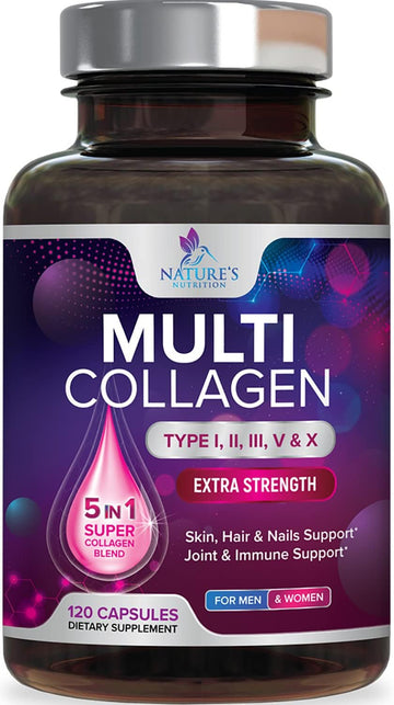 Collagen Peptides for Women & Men - Type I, II, III, V, X Multi Collagen Pills, Hydrolyzed Collagen Peptides Supplements, Nature's Hair, Skin, Nail, and Joint Support Supplement, Non-GMO