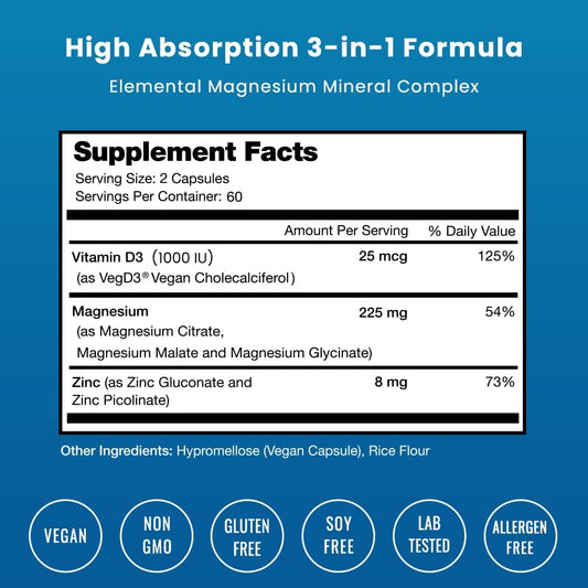 NutraChamps Magnesium Zinc & Vitamin D3 Supplement - Most Bioavailable
