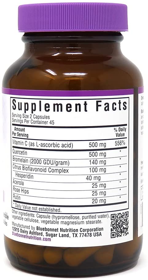 Bluebonnet BB-553 Nutrition Super Quercetin Vegetable Capsules, Vitamin C Formula, Best for Seasonal & Immune Support, Non GMO, Gluten Free, Soy Free, Milk Free, Kosher, White, 90 Count (Pack of 1)