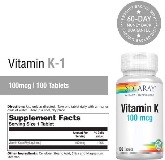 Solaray Vitamin K-1 100mcg | Healthy Bone Structure, Blood Clotting, Protein Synthesis Support | Non-GMO, Vegan & Lab Verified | 100 Tablets