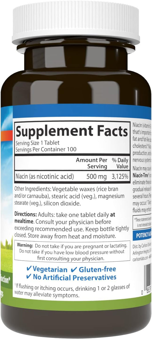 Carlson Niacin-Time 500 mg, Vitamin B-3, Time-Released, 100 Tablets