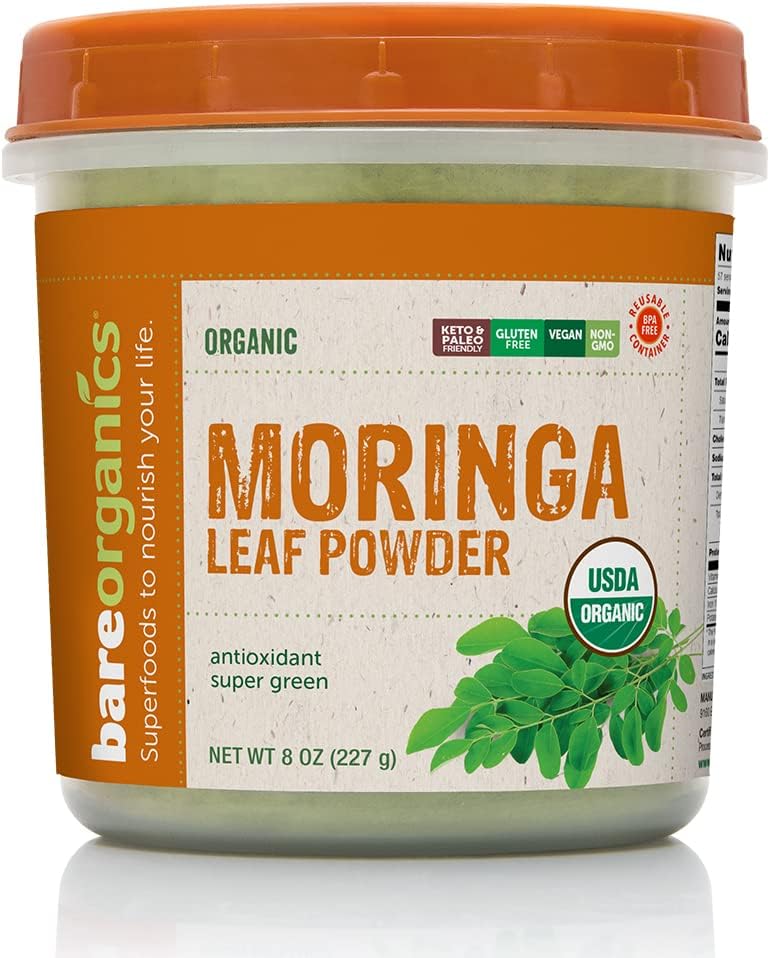 BareOrganics Moringa Leaf Superfood Powder, Organic, Vegan Supplement,