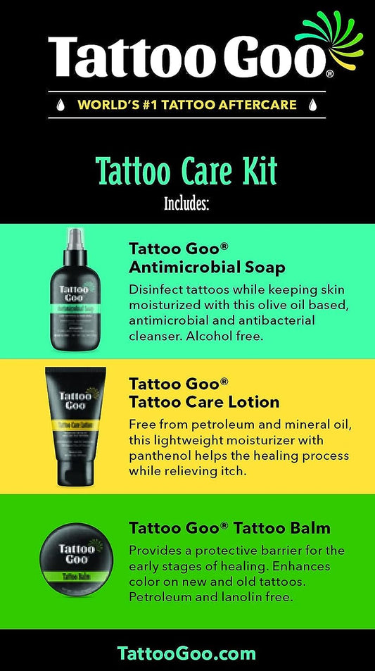 Tattoo Goo Aftercare Kit Includes Antimicrobial Soap, Balm, and Lotion, Tattoo Care for Color Enhancement + Quick Healing - Vegan, Cruelty-Free, Petroleum-Free (3 Piece Set)