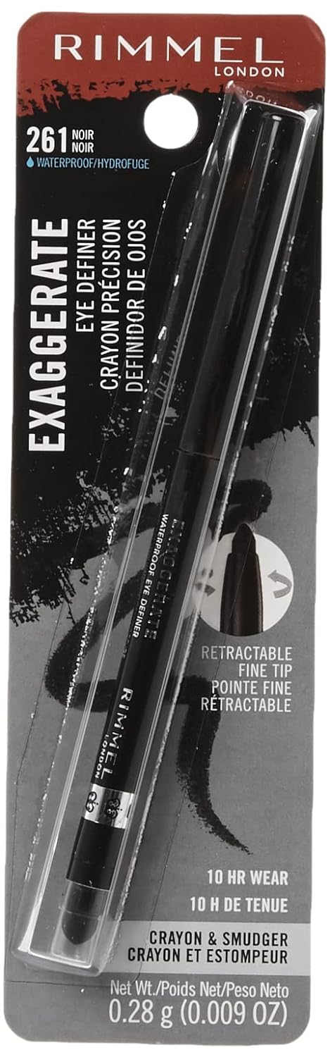 Rimmel Exaggerate Eye Definer, Noir, Pack of 1, Waterproof Long Lasting Easy Twist Up Self-Sharpening Eye Color Pencil