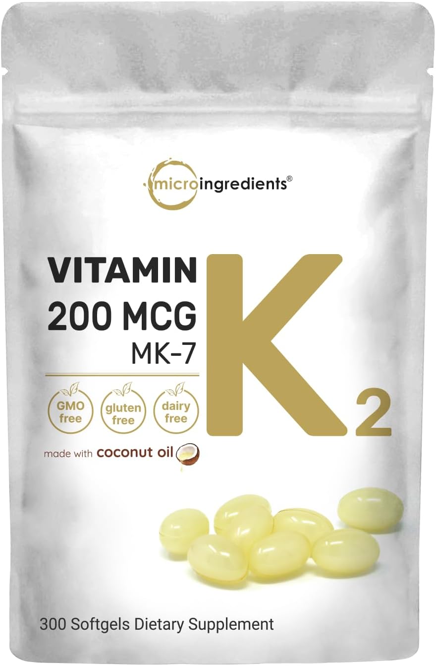 Micro Ingredients Vitamin K2 Mk-7 Supplement, 200 Mcg Per Serving, 300 Coconut Oil Softgles | Easily Absorbed, Active Me