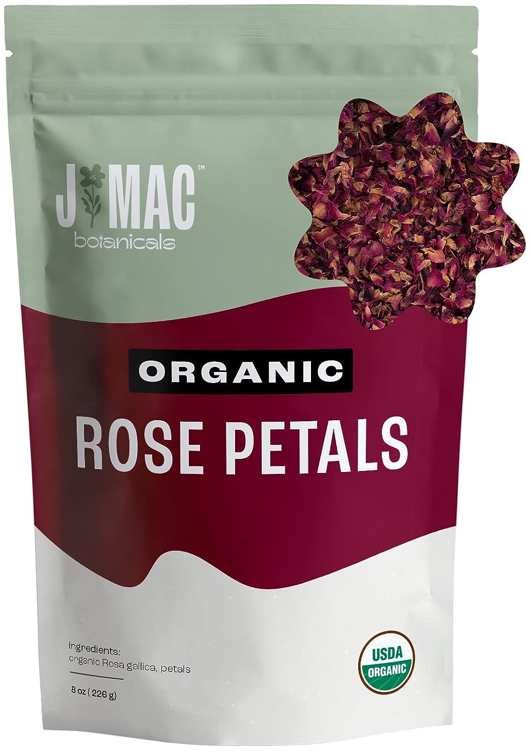 Organic Rose Petals by J Mac Botanicals, organic culinary grade dried rose petals, edible dried rose petals for tea, cooking, and crafts, rose petals for bathtub, dried herbs for tea, organic rose tea