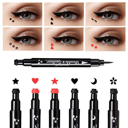 Mysense 6 Pcs Liquid Stamp Eyeliner,Double-sided Seal Eye Liners for Women Waterproof Eyeliner Pencil Eye-liner Stencils,With Black Color of owers Heart Moon Star and Red Color of Heart Star