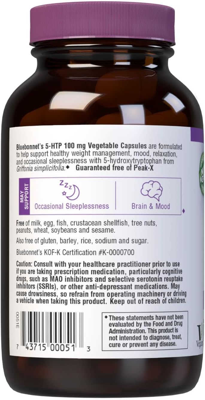 Bluebonnet Nutrition 5-HTP (Hydroxytrypophan) 100mg, for Neurotransmit