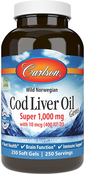 Carlson - Cod Liver Oil Gems, Super 1000 mg, 250 mg Omega-3s + Vitamins A & D3, Wild-Caught Norwegian Arctic Cod-Liver Oil, Sustainably Sourced Nordic Fish Oil Capsules