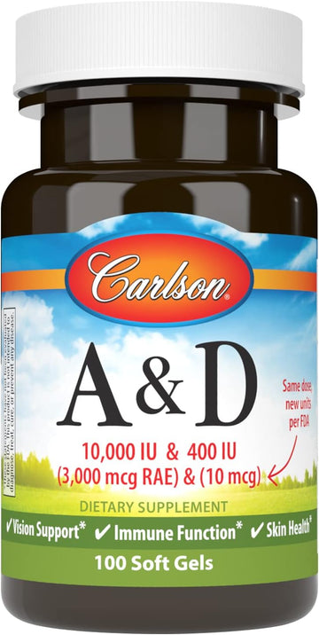 Carlson - A & D, 10000 IU (3000 mcg RAE) Vitamin A, 400 IU (10 mcg) Vitamin D3, Vision Support, Skin Health, 100 Soft Ge