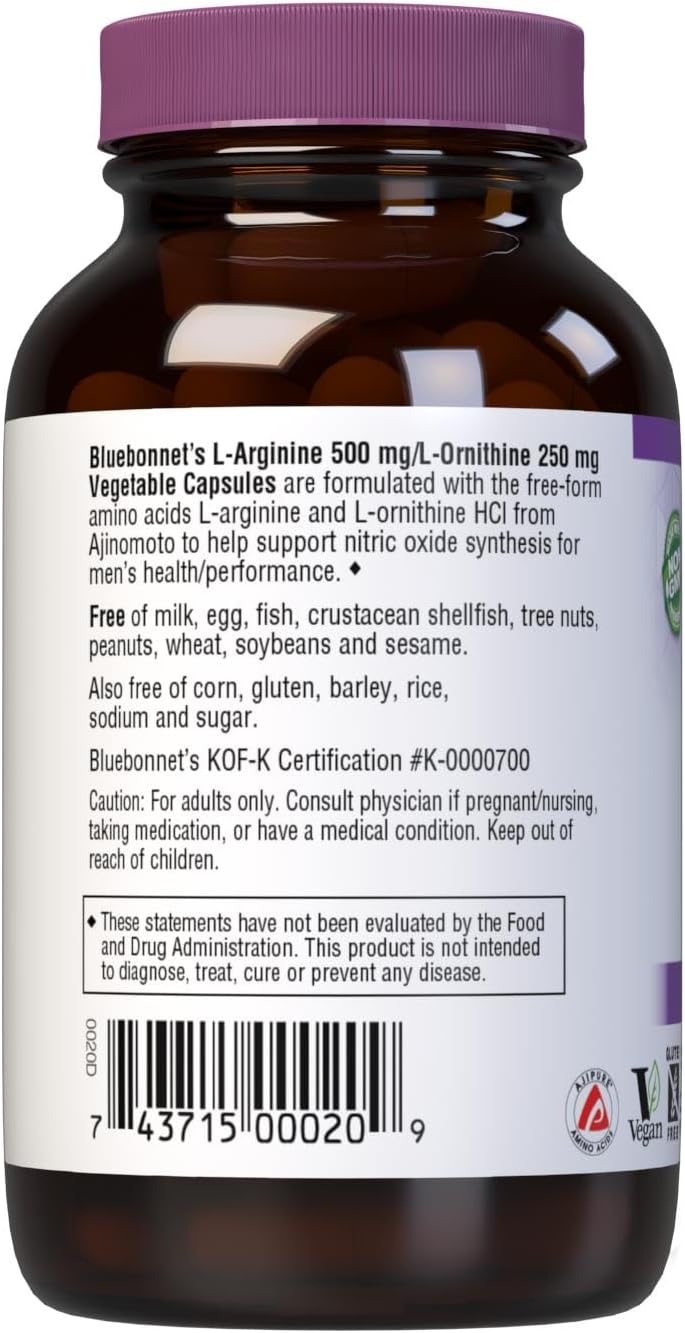 Bluebonnet Nutrition L-Arginine 500mg/L-Orinithine 250mg, Supports Pro