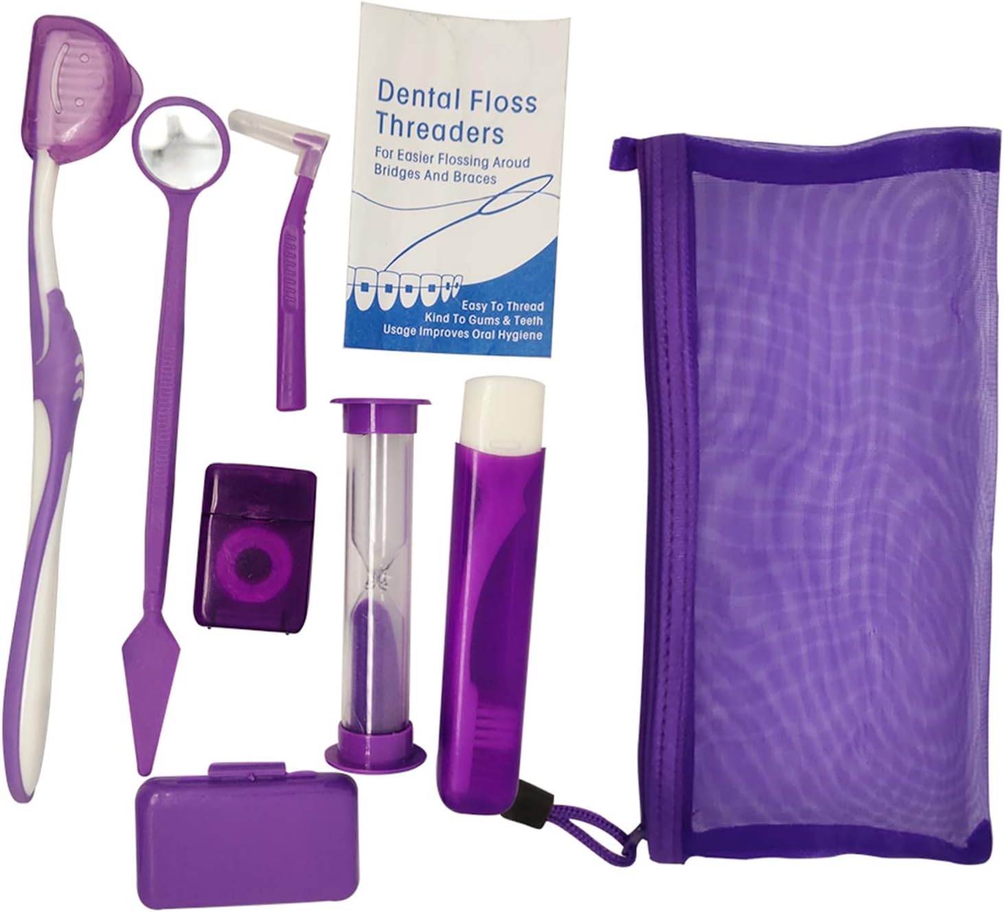 Net Bag Portable Orthodontic Care Kit Orthodontic Toothbrush Kit for Orthodontic Patient for Braces Travel Oral Care Kit Dental Travel Kit Interdental Brush Dental Wax Dental oss (8 Pcs/Pack)-Purple