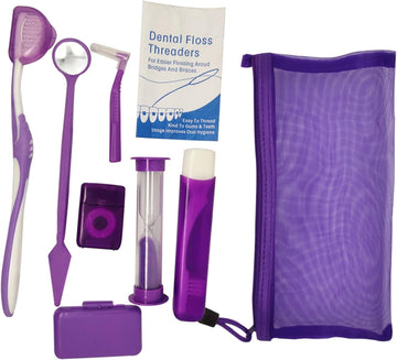 Net Bag Portable Orthodontic Care Kit Orthodontic Toothbrush Kit for Orthodontic Patient for Braces Travel Oral Care Kit Dental Travel Kit Interdental Brush Dental Wax Dental oss (8 Pcs/Pack)-Purple