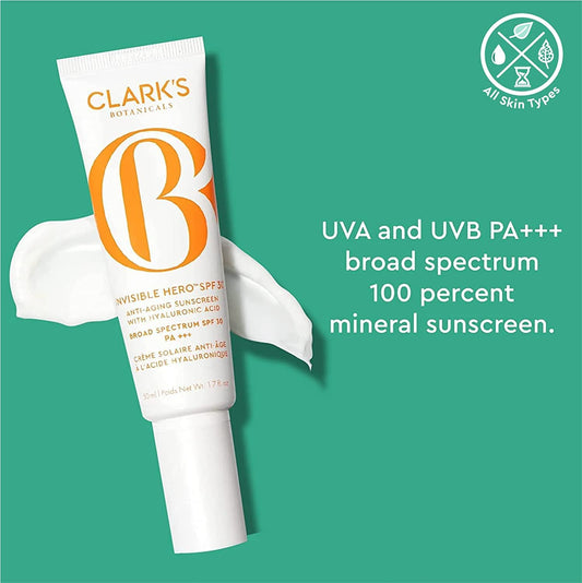 Clarks Botanicals Invisible Hero SPF 30: The Ultimate Skin Perfector for All Skin Types, with Hyaluronic Acid, Vitamin B3, Anti-Aging Ingredients, and Blue Light Protection (100  | 3.4  )