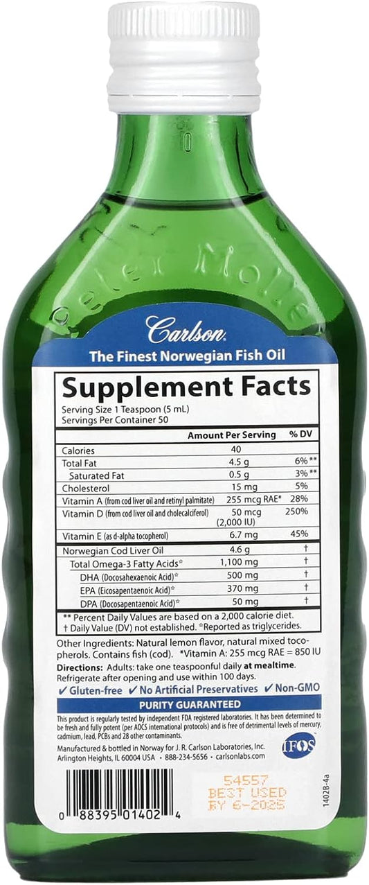 Carlson - Super D Omega-3, Wild-Caught Norwegian Arctic Cod Liver Oil, 2000 IU (50 mcg) Vitamin D3, 1100 mg Omega-3s, Sustainably Sourced Nordic Fish Oil Liq, Lemon, 250 ml
