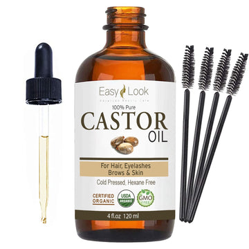 EASY LOOK Castor Oil 4oz, USDA Certified Organic 100% Pure, Stimulate Growth for Eyelashes, Eyebrows, Hair. Skin Moistur