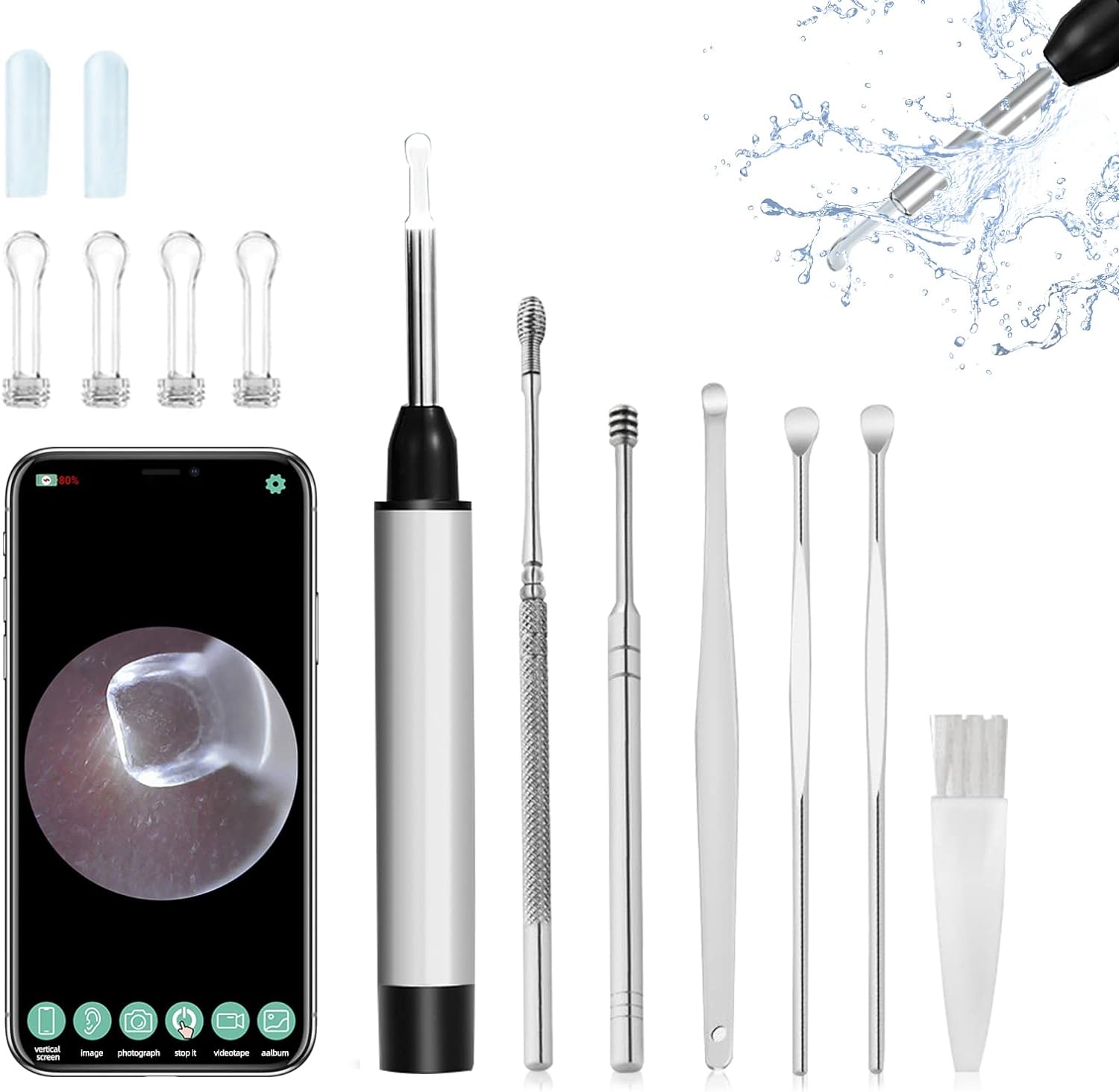 Sanyare Earwax Removal Kit with Camera,1080P HD Otoscope with Light and 12 Pcs Spoon?APP Suitable for Android and iOS?Silver?