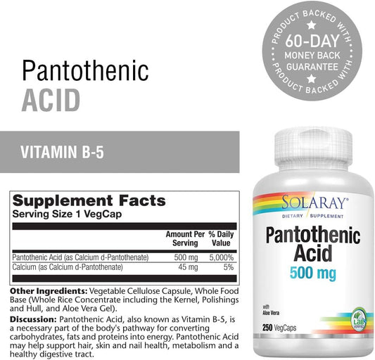 SOLARAY Pantothenic Acid 500mg Vitamin B-5 for Coenzyme-A Production &