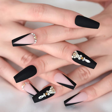 ELEVENAIL 3D Rhinestones Black Nude Pink Matte Press On False Nails Medium Length Coffin Acrylic Nail Art Tips Salon Women Girls DIY Manicure Reusable Stick On Fake Nails for Daily Office Home Party