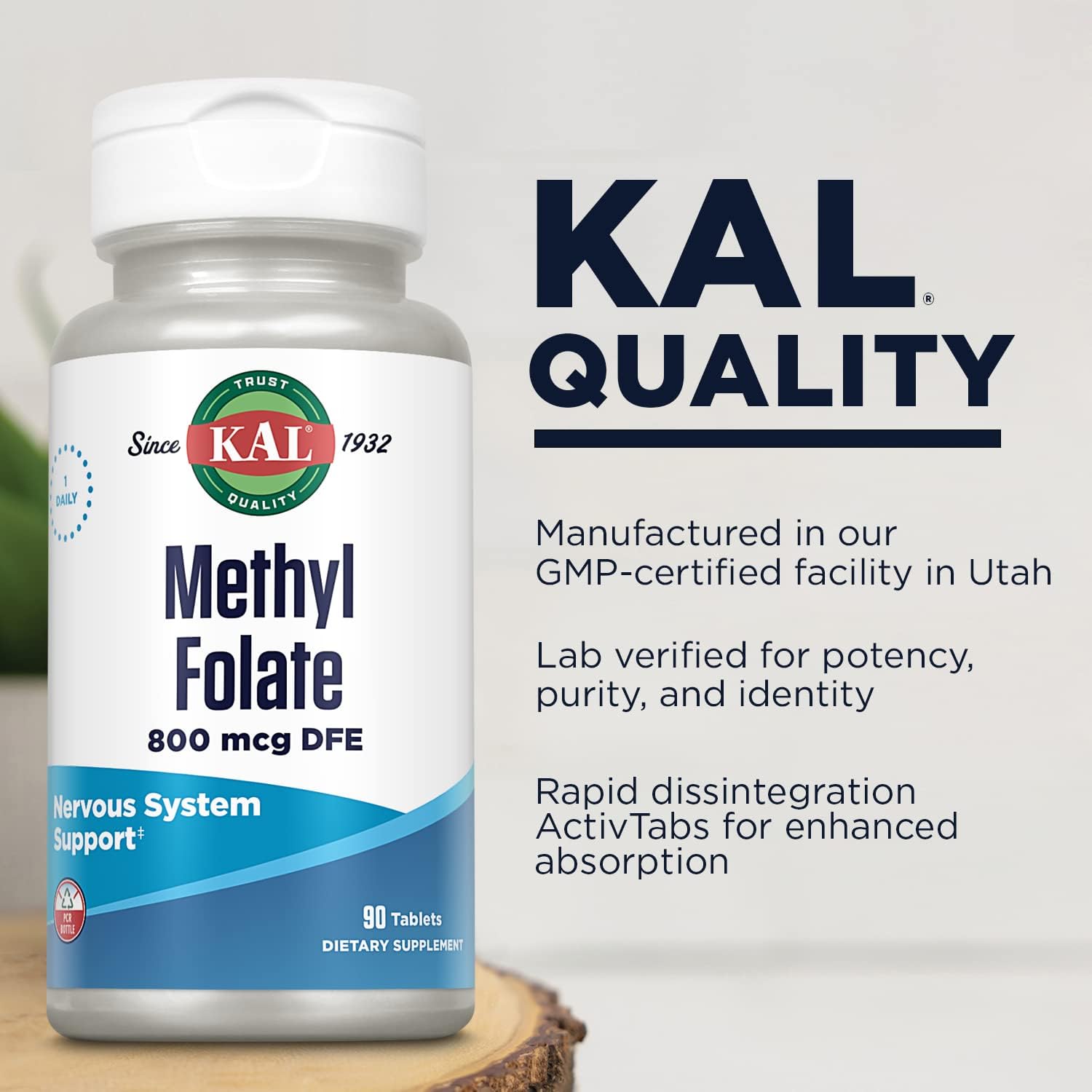 KAL Methyl Folate 800 mcg DFE, 5-MTHF Active Form Vitamin B9, Folic Ac