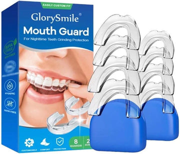 GlorySmile Mouth Guard for Clenching Teeth at Night, Upgraded Night Guards for Teeth Grinding, Pack of 8 Moldable Mouth Guard Stops Bruxism and Teeth Clenching 2 Sizes with Two Travel Cases