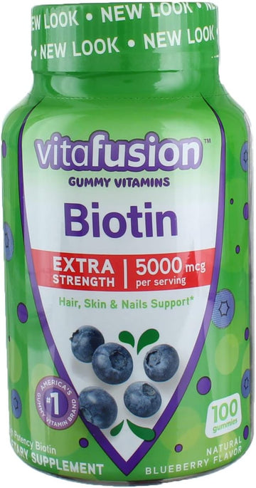 Vitafusion Extra Strength Biotin Gummies 5000 mcg, Blueberry 100 ea (Pack of 4)