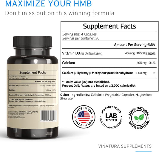 VINATURA HMB 3000mg and Vitamin D3 Supplement Capsules per Serving *USA Made & Tested* Promotes Muscle Growth & Recovery