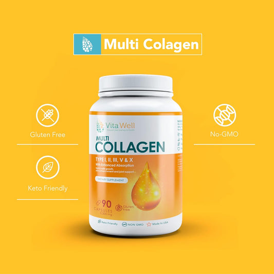 Vitawell Multi Collagen(Type I,II,III, V & X) 90 Capsules, Keto Friend3.25 Ounces