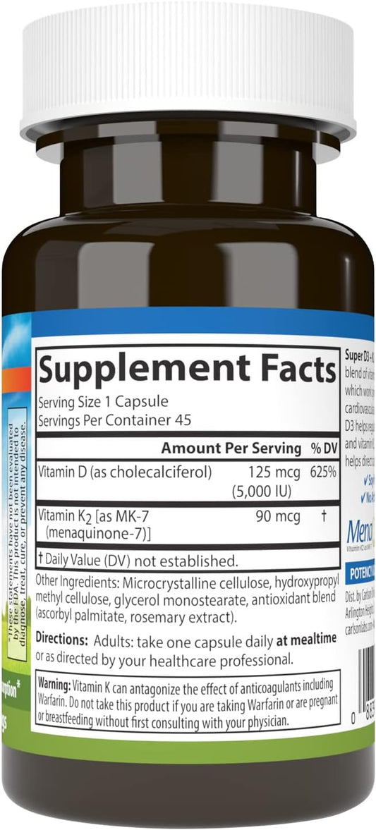 Carlson - Super D3 + K2, 125 mcg (5000 IU) Vitamin D3, 90 mcg Vitamin K2 as MK-7, Bone Support, Calcium Absorption, 45 Vegetarian Capsules