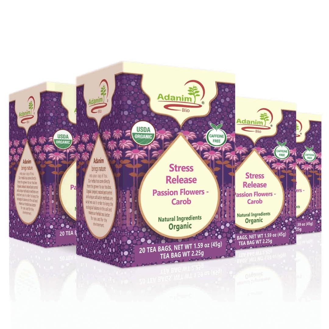 Adanim Bio Passion Flower Tea, Value Pack 80 Teabags, Stress Relief Tea, Passionflower Tea Bags, Caffeine Free Pasiflora Tea For Calming And Reducing Stress (4 Pack)