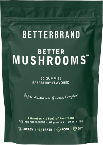 Betterbrand BetterMushrooms Mushroom Gummies to Support Gut Health, Metabolism, Energy, Focus - Lion's Mane, Cordyceps,