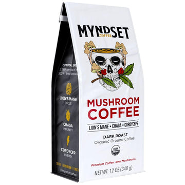 Mushroom Coffee - Organic Dark Roast Coffee with Lions Mane Mushroom, Chaga, Cordyceps - Helps Fuel Focus, Energy & Creativity with Adaptogen Mushrooms - Ground Beans