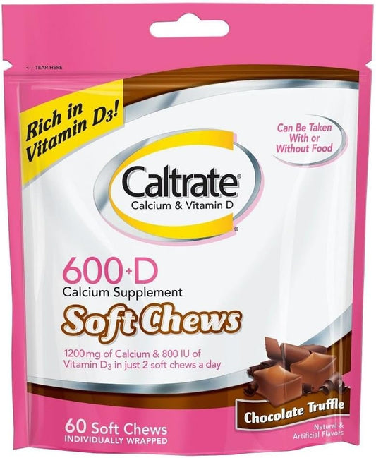 Caltrate 600+D Soft Chews, Chocolate Truffle, 60 Count (2 Pack)