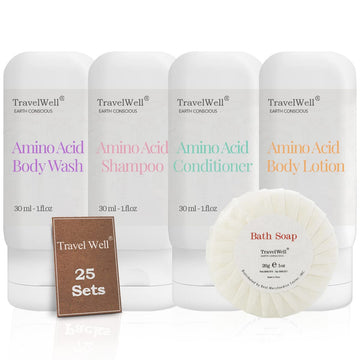 TRAVELWELL Individually Wrapped Body Lotion, Body Wash, 28g Mini Soap Bars, 30ml Hotel Shampoo and Conditioner Supplies for Guests | 25 Set | Travel Size Toiletries | Hotel Toiletries Bulk Set