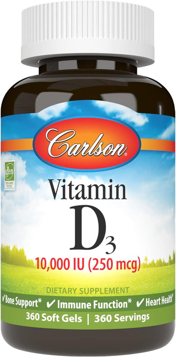 Carlson Vitamin D3 10,000 IU (250 mcg), Cholecalciferol, Bone & Immune Health, 360 Soft Gels
