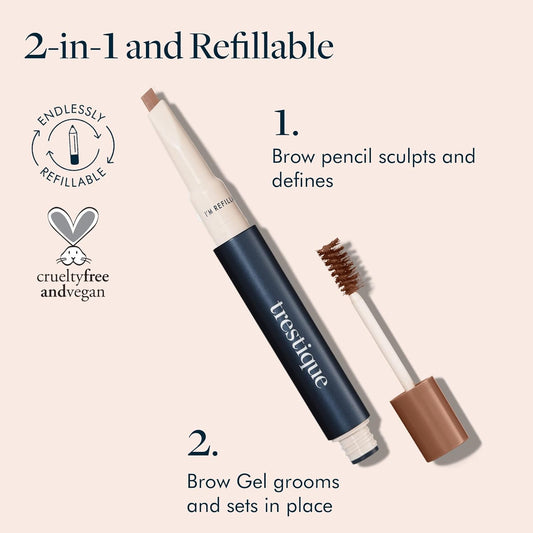 trestique Brow Pencil And Gel, Refillable Eye Brow Pencil With Built-In Brow Gel, Clean Beauty Eyebrow Pencil And Brow Gel, Sustainable 2-In-1 Brow Pencil And Brow Gel