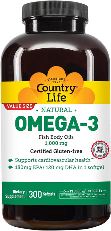 Country Life Omega-3 Fish Body Oils 1000 mg, 300-Count