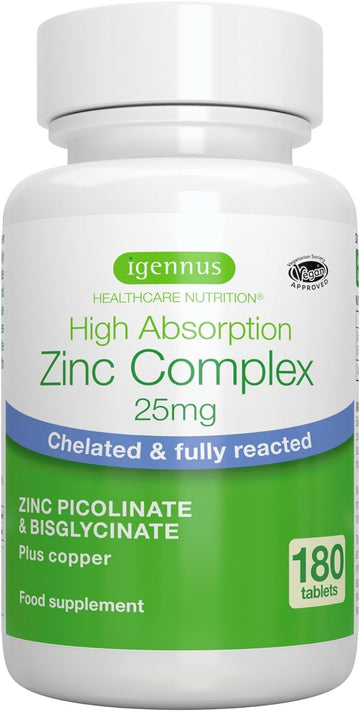 High Absorption Zinc Picolinate & Bisglycinate 25mg with Copper, Clean120 Grams