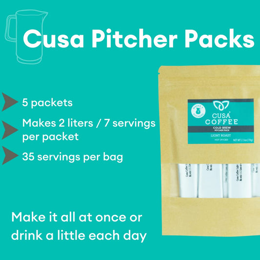 Cusa Tea & Coffee | Premium Instant Light Roast | Rainforest Alliance Certified Arabica Beans | Hot or Cold Brew Drink Mix Packets (Pitcher Packs)