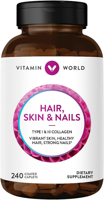 Vitamin World Hair, Skin and Nails Formula 240 caplets, Type I and III