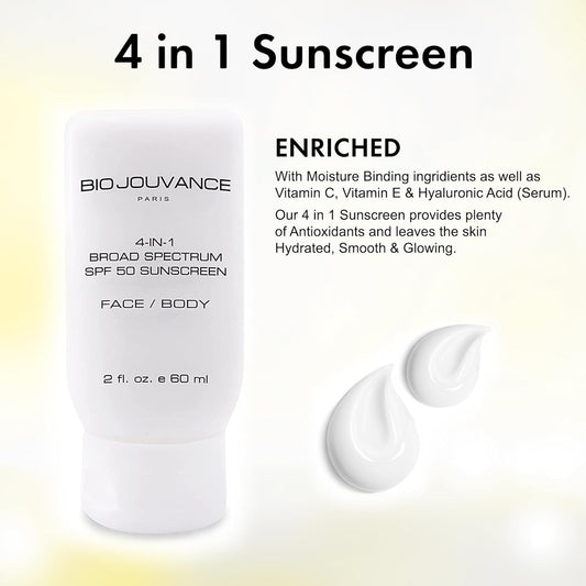 BIO JOUVANCE PARIS - 4 In 1 Sunscreen SPF 50 2 / 60ml - Daily Sensitive Skin Face Moisturizer | Mineral Sun Screen Protector | Reef Safe | Facial Sunblock Lotion for Women, Men & Kids | Made in France