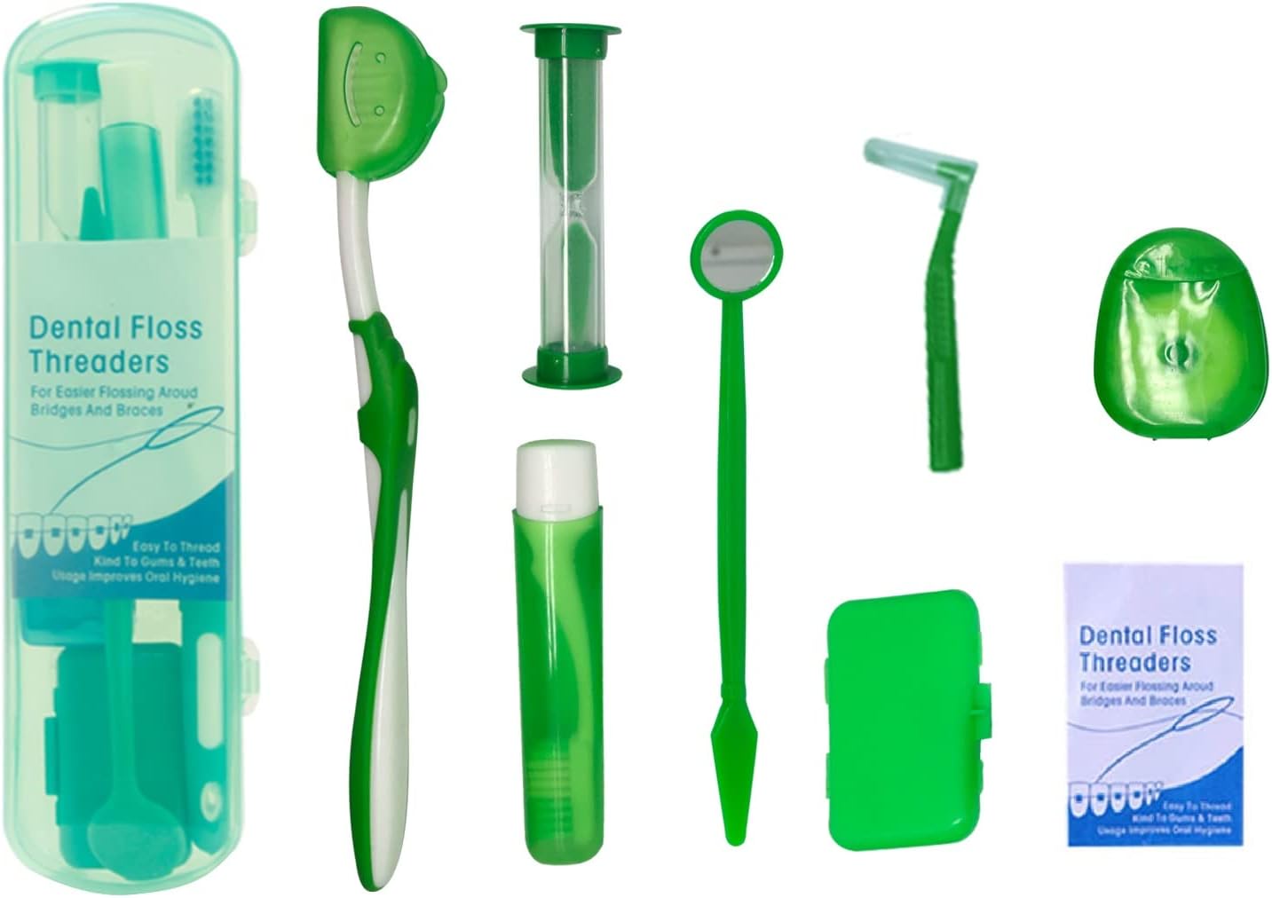 Boxed Portable Orthodontic Care Kit Orthodontic Toothbrush Kit for Braces for Orthodontic Patient Travel Oral Care Kit Dental Travel Kit Interdental Brush Dental Wax Dental oss (8 Pcs/Pack)-Green