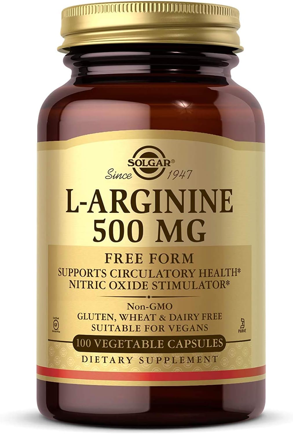 Solgar L-Arginine 500 Mg, 100 Vegetable Capsules - Supports Blood Ow & Heart Health - Nitric Oxide Stimulator - Supports Active Lifestyles - Non-Gmo, Gluten Free, Dairy Free, Kosher - 100 Servings