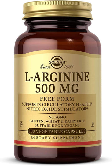 Solgar L-Arginine 500 mg, 100 Vegetable Capsules - Supports Blood ow & Heart Health - Nitric Oxide Stimulator - Supports Active Lifestyles - Non-GMO, Gluten Free, Dairy Free, Kosher - 100 Servings